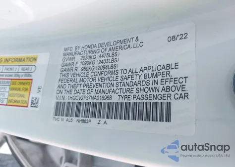 2022 Honda Accord Sport 2.0T from USA, damaged, VIN 1HGCV2F37NA016968